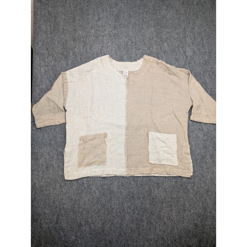 Match Point Linen Shirt Womens‎ XL Tan Beige Patchwork Boxy USA Boho Lagenlook